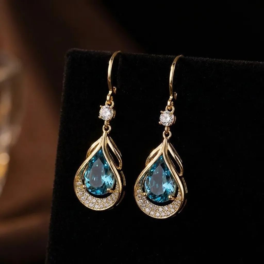 Hollow Waterdrop Gem Hoop Earrings, Luxury Teardrop Gem Dangle Earrings, 3 Colors For Women