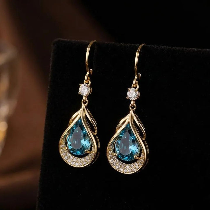 Hollow Waterdrop Gem Hoop Earrings, Luxury Teardrop Gem Dangle Earrings, 3 Colors For Women