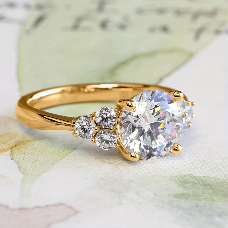 Four-Prong Round Center Stone Side Accent Engagement Ring, Solid S925 Silver Gold & Silver Two-Tone Luxury Promise Jewelry
