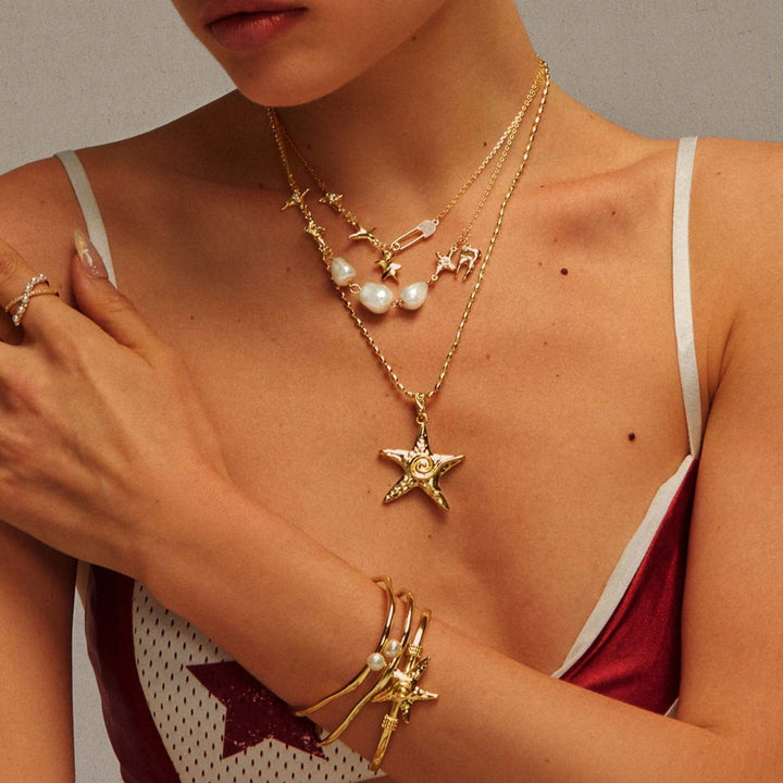 Baroque Pearl Star Tooth Safety Pin Charm Necklace, Niche Mixed Multi-Charm Collarbone Chain, Gold & Silver Two-Tone Sweet Cool Jewelry
