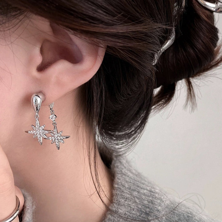 Double Octagram Paved Diamond S925 Silver Drop Earrings, Luxury Twin Star Long Earrings in Gold & Silver Tone