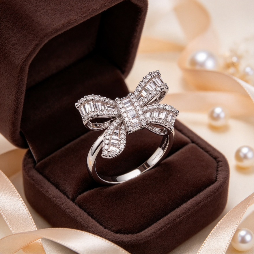Baguette Full Diamond Bow S925 Silver Ring