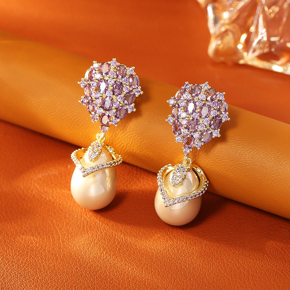 Double Layer Diamond Teardrop Pearl Drop Earrings, Vintage Glam Banquet Long Pearl Earrings, Silver & Gold Two Tones Available