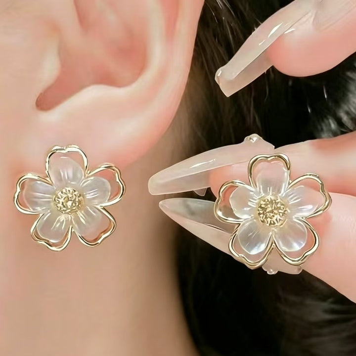 Double-layer Iridescent Flower S925 Silver Stud Earrings, Elegant Hollow Petal Earrings
