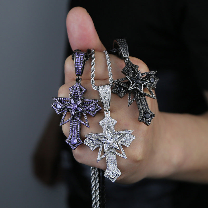 Hip-Hop Rotatable Pentagram Cross Zircon Pendant Necklace
