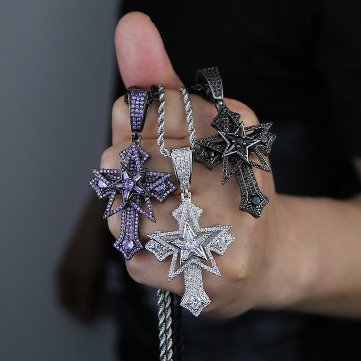 Hip-Hop Rotatable Pentagram Cross Zircon Pendant Necklace