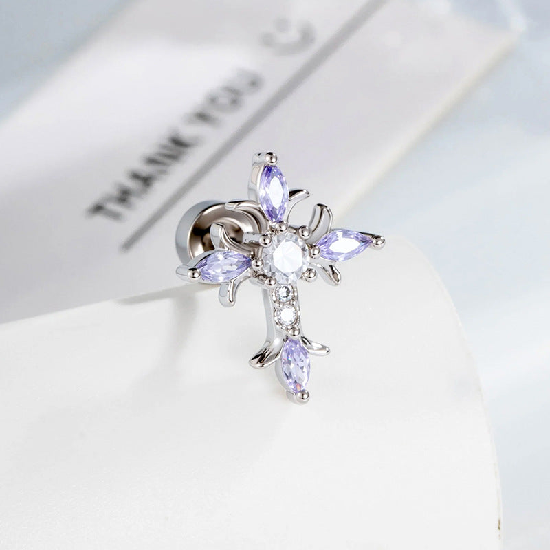 Zircon-Studded Cross Screw Barbell Earrings – Elegant Couple Ear Studs