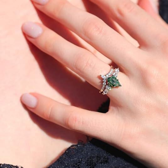Natural Moss Agate Rhombus-Shaped Wedding Ring for Women
