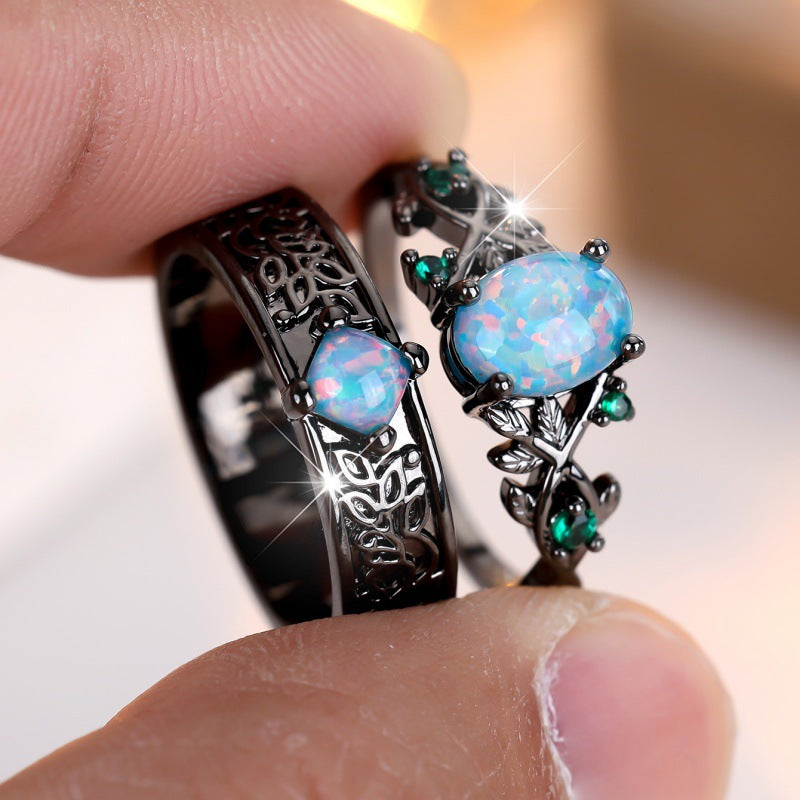 Gothic Black Galaxy Couple Rings – Celestial Love Matching Rings