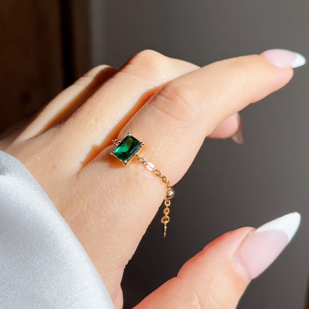 18K Gold Adjustable Chain Ring with Emerald-Cut Green Zircon