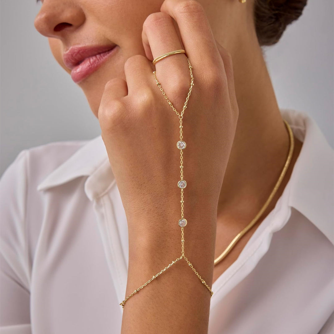 INS Style 18K Gold Plated Titanium Steel Bracelet with Rhinestone Discs & Finger Chain