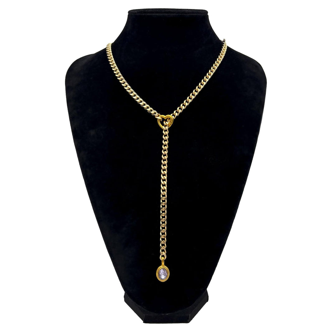 Gold Cuban Chain Adjustable Y-Shaped Heart Pendant Necklace for Women