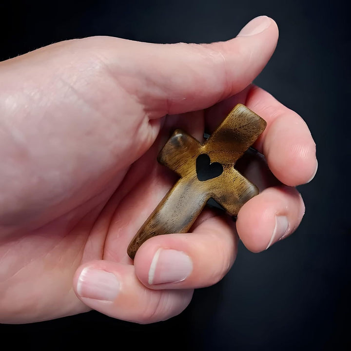 Minimalist Walnut Palm Cross Set – Handheld Cross & Necklace