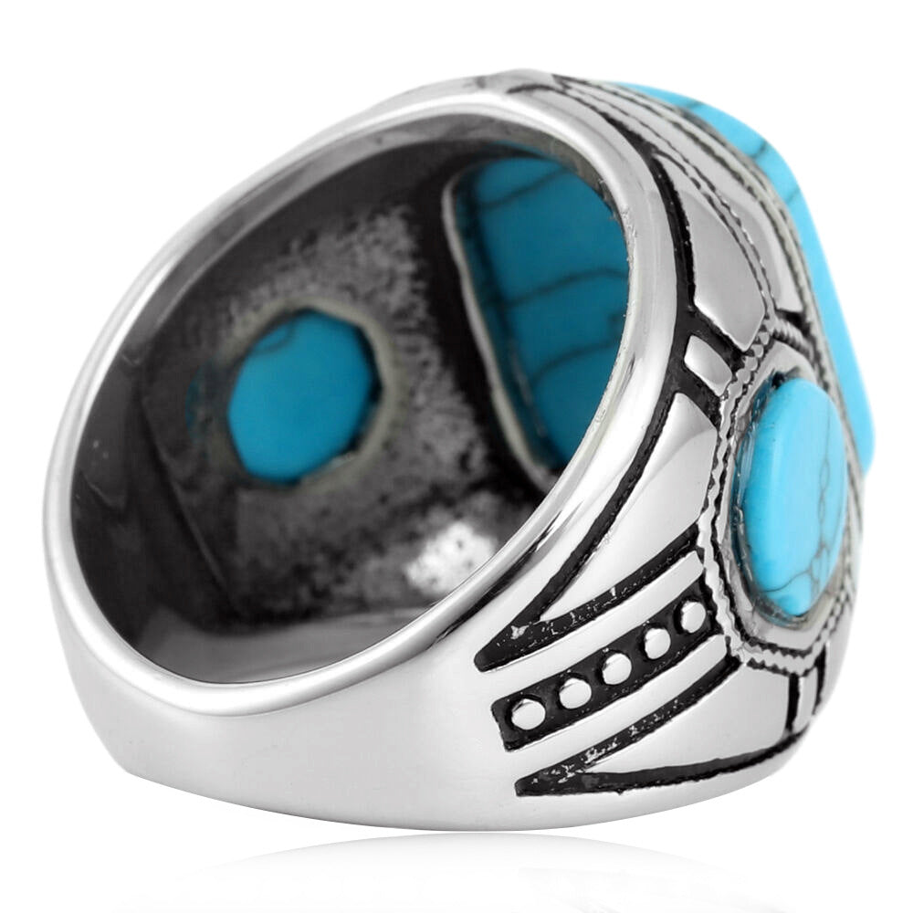 Turquoise Pattern Men's 925 Sterling Silver Ring - Hip Hop Retro Royal Style