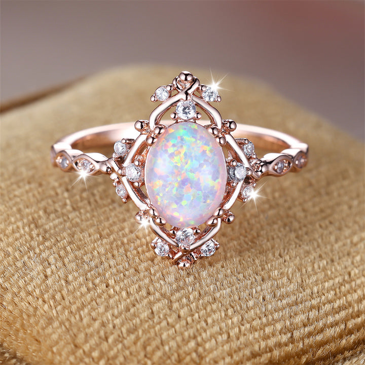 Vintage Court Style Opal Ring - Rose Gold Diamond-Inlaid Opal Band