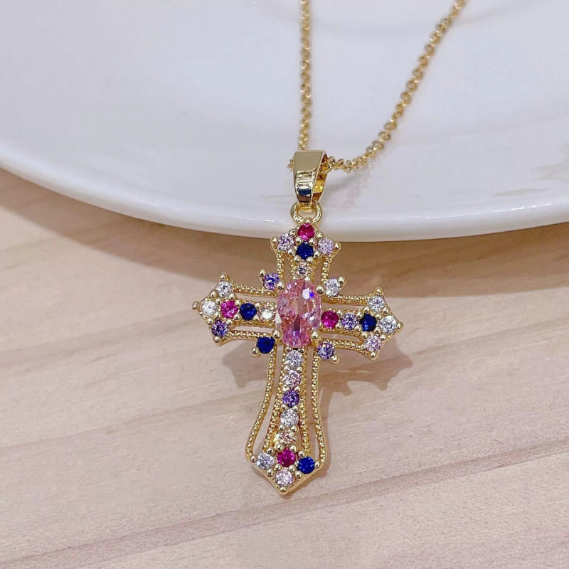 Titanium Steel 14K Gold Plated Colored Diamond Cross Necklace - European and American Luxury Full Diamond Cross Pendant Choker