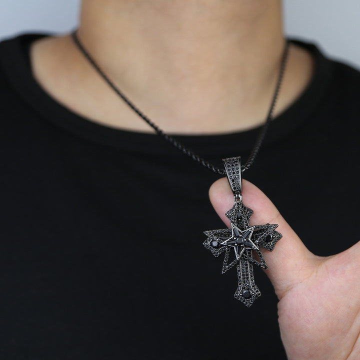 Hip-Hop Rotatable Pentagram Cross Zircon Pendant Necklace