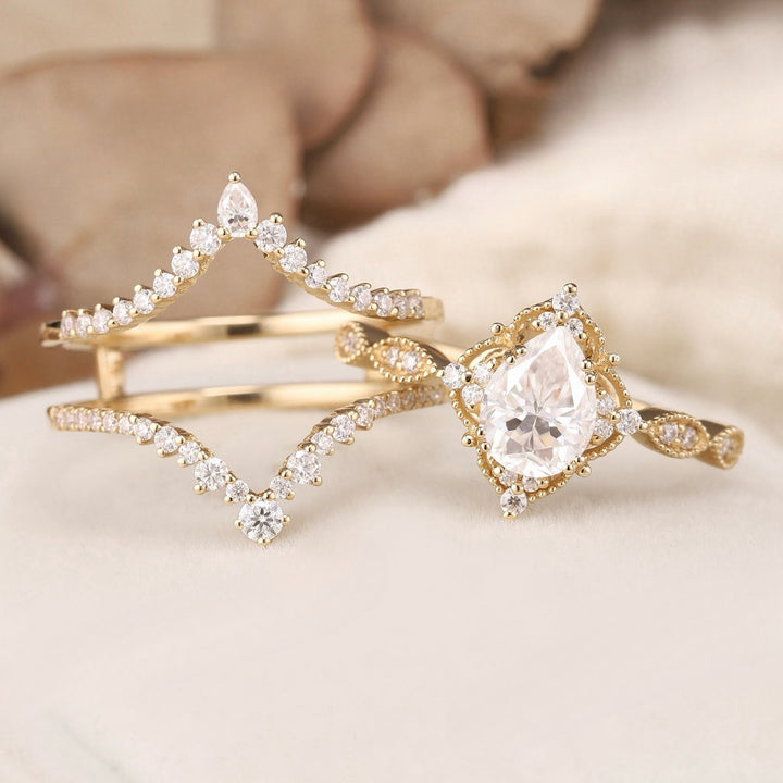 Moon-Star Teardrop Diamond Double Layer Stackable Ring (Dreamy Luxury Vintage Style)