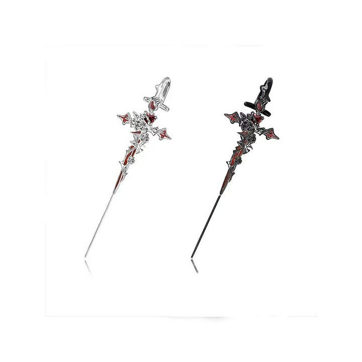 Gothic Fallen Angel Cross Earrings & Necklace Set with Red Heart and Rose – Silver Design
