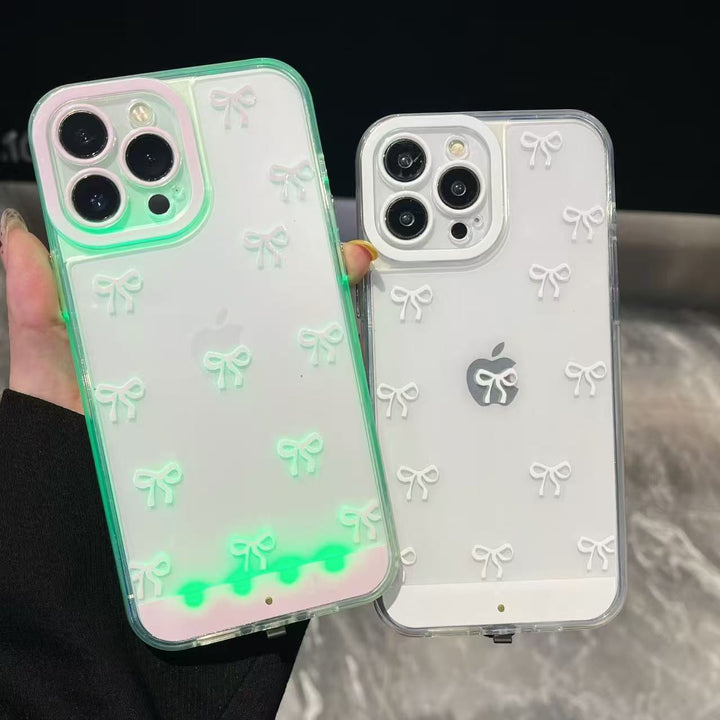 iPhone Series Compatible Pink & White Bowknot Voice-Activated LED Phone Case