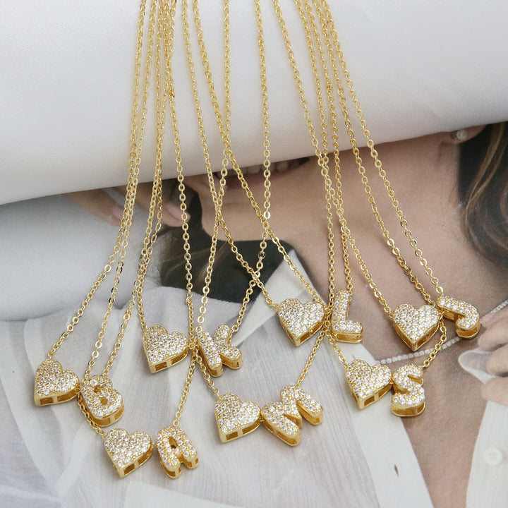 Diamond-Embedded Bubble Heart 26-Letter Name Pendant Necklace