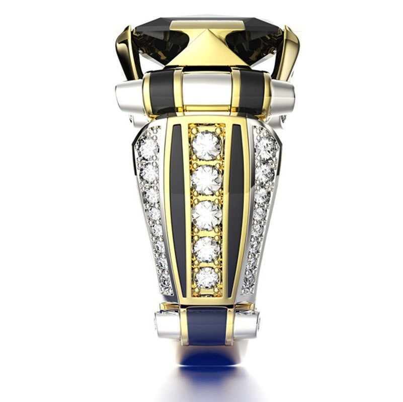 Cyber-Mechanical Style Black-Gold Bicolor Black Gemstone Ring