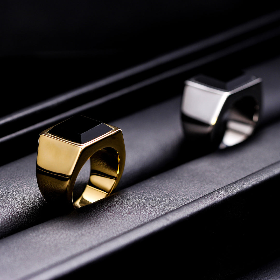 Square Black Diamond Titanium Steel Wide Ring (Gold/Silver Dual-Tone Bold Men's Style)