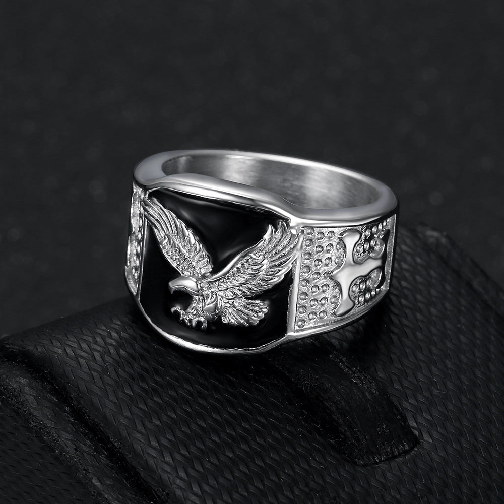 Hip-Hop 18K Gold Flying Eagle Bold Men's Ring (Black-Gold Contrast Style)