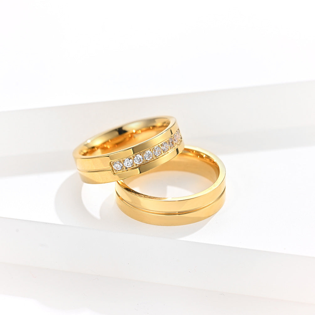 Gold-Plated Diamond-Inlaid Couple Rings (Light Luxury Minimalist Marriage Style)
