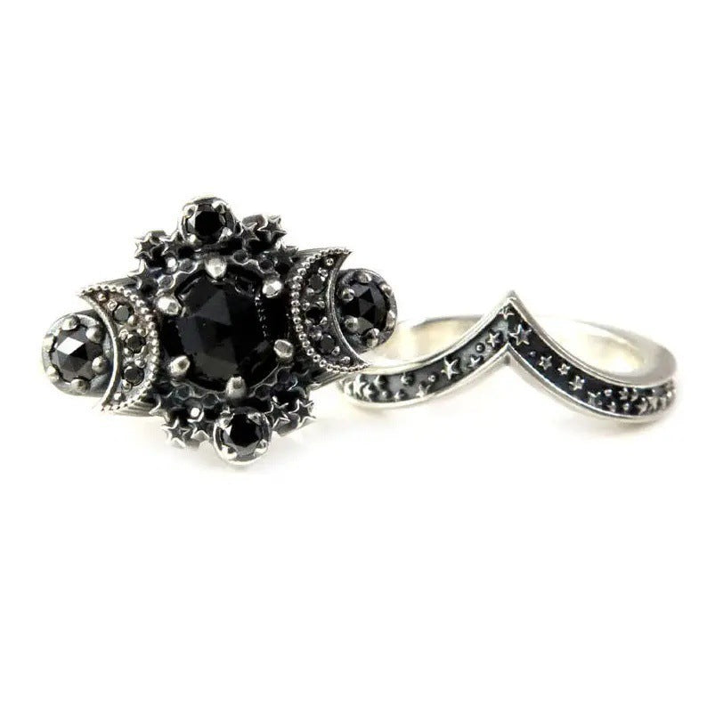 Gothic Moon-Star Double-Layer Ring Set (Dark Mysterious Colored Stone Version)