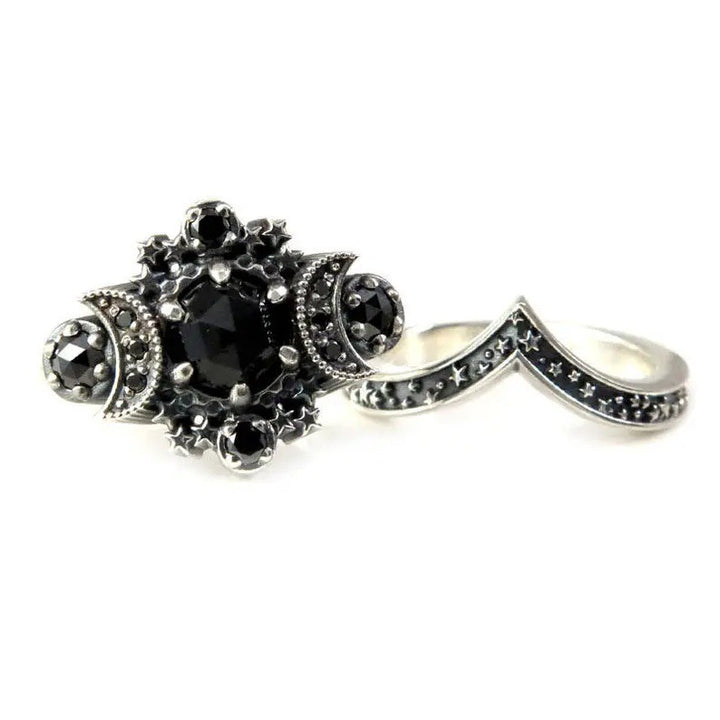 Gothic Moon-Star Double-Layer Ring Set (Dark Mysterious Colored Stone Version)