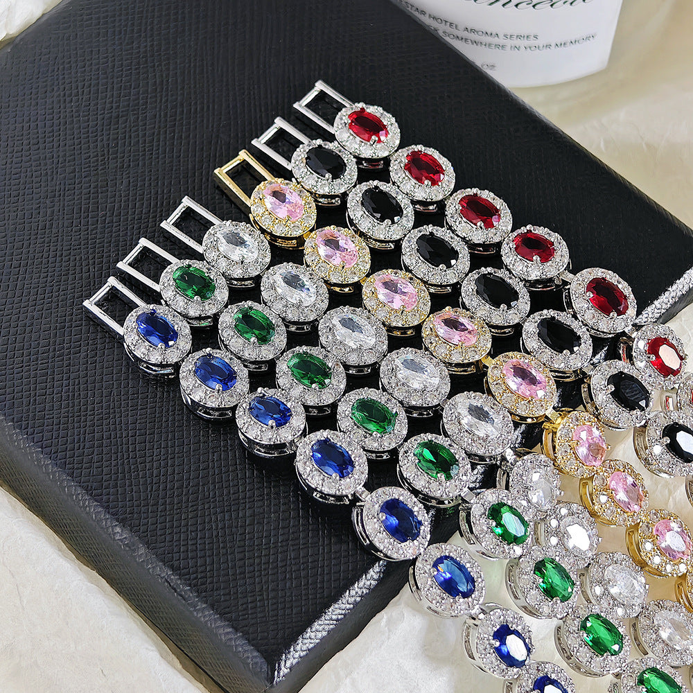 Multi-Color Oval Colored Gem Full-Diamond Bracelet