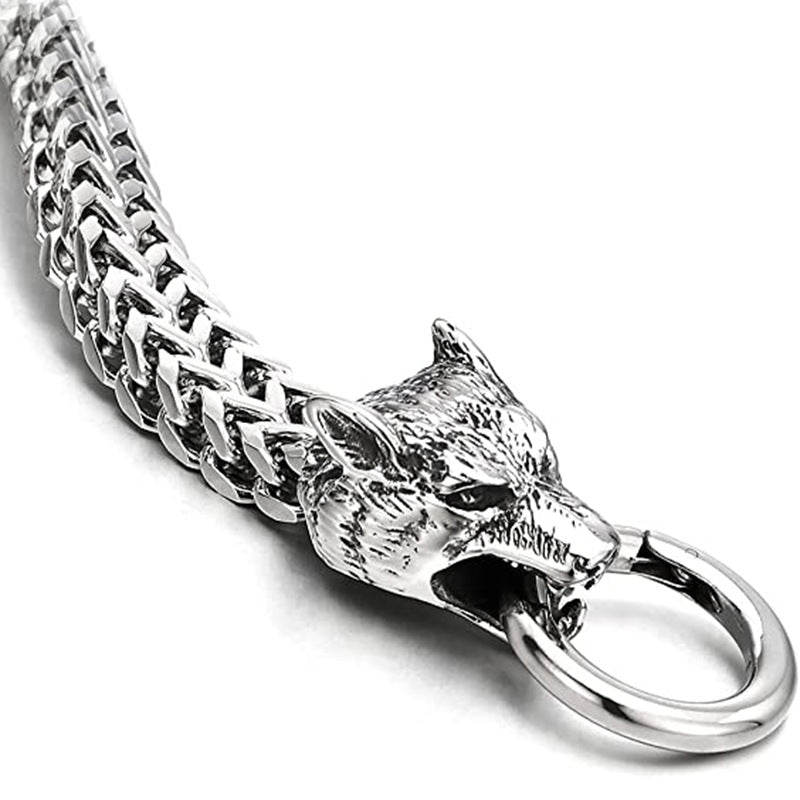 Viking Wolf Head Franco Chain Titanium Steel Bracelet (Retro Hardcore Style)