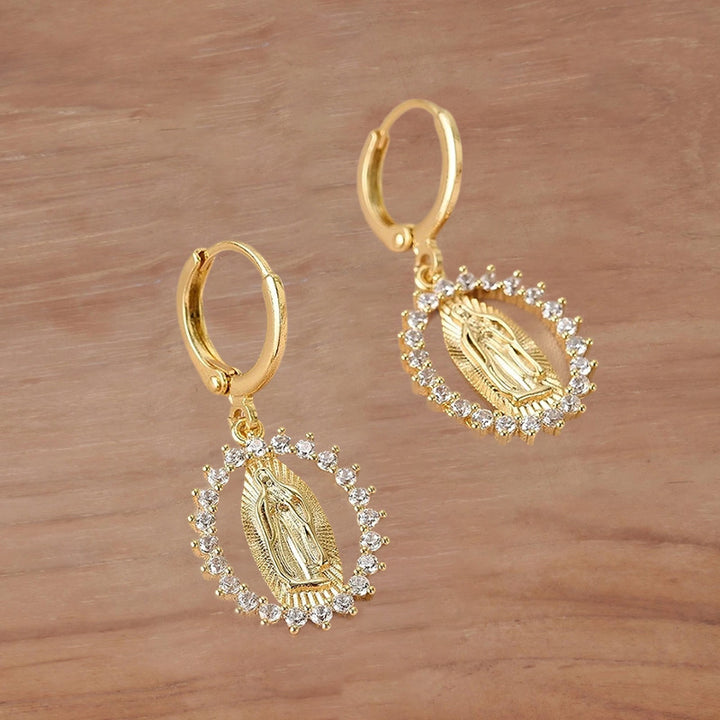 18K Gold-Plated Sterling Silver Diamond-Inlaid Virgin Mary Earrings