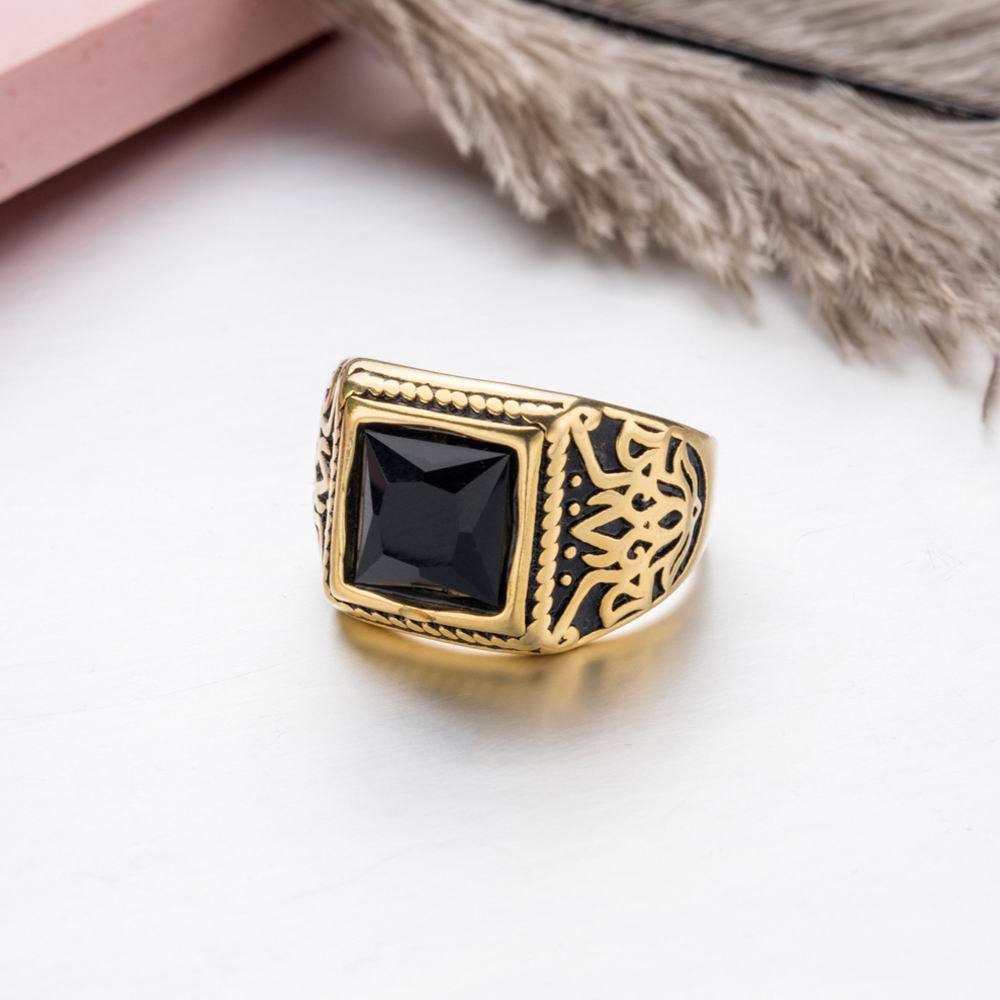 Titanium Steel Plated 18K Gold Carved Black Gem Retro Ring