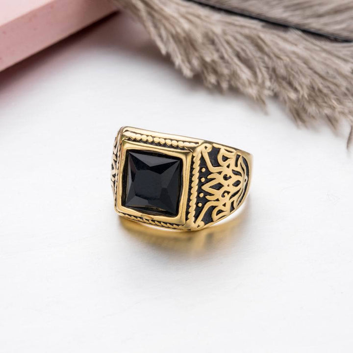Titanium Steel Plated 18K Gold Carved Black Gem Retro Ring