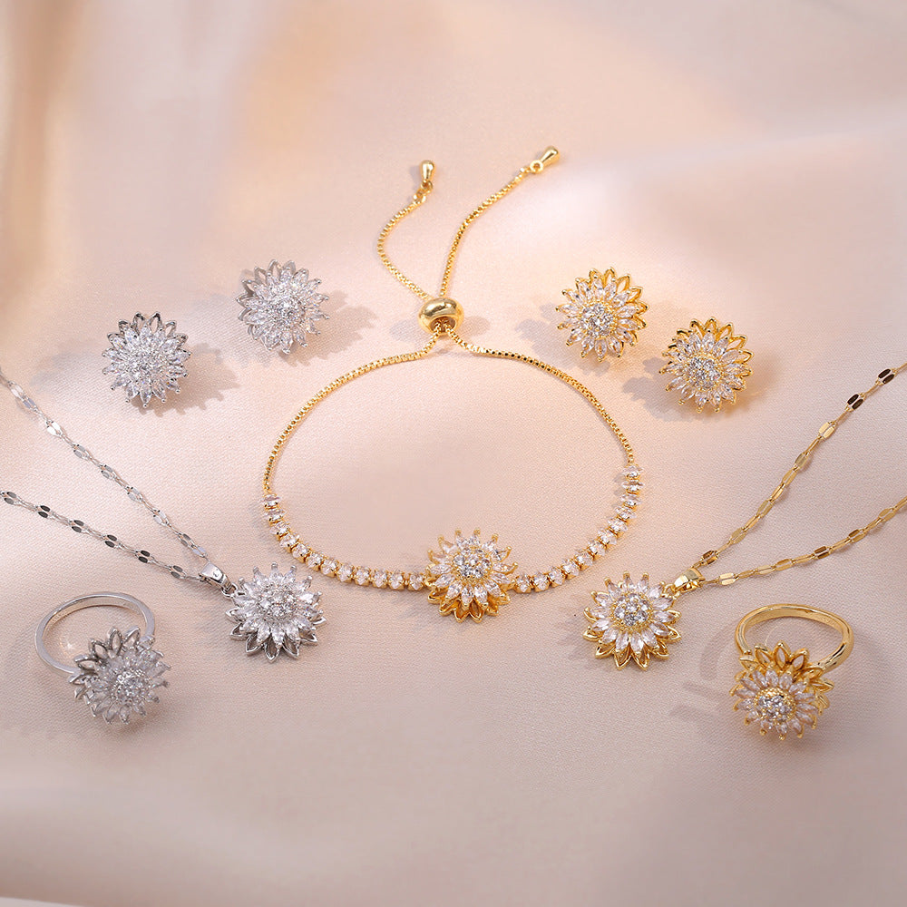 Sunflower Rotatable Jewelry Set with Diamond Inlay