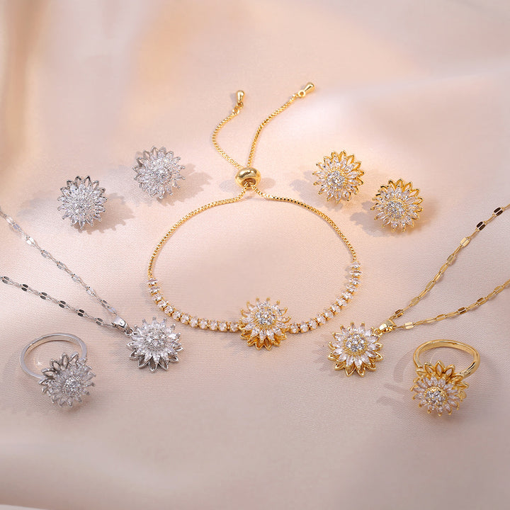 Sunflower Rotatable Jewelry Set with Diamond Inlay