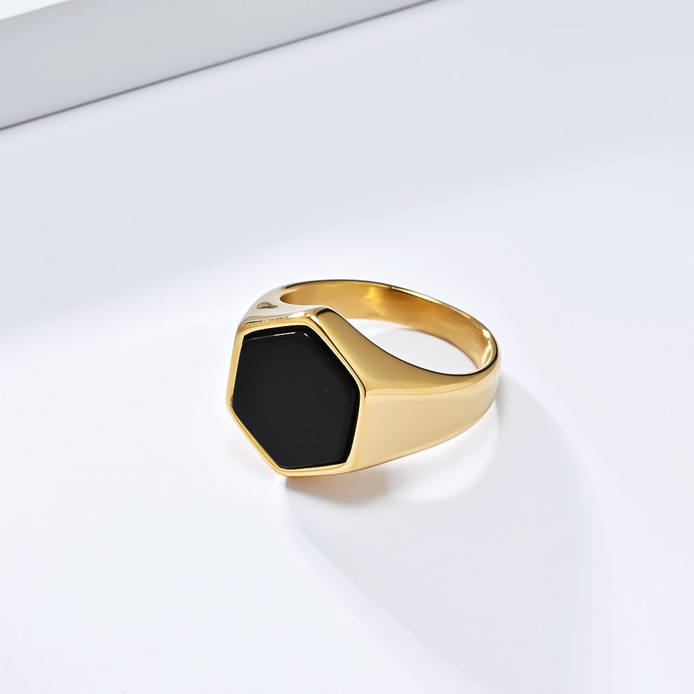 Titanium Steel Geometric Hexagon Seal Black Stone Ring (Minimalist Understated Style)