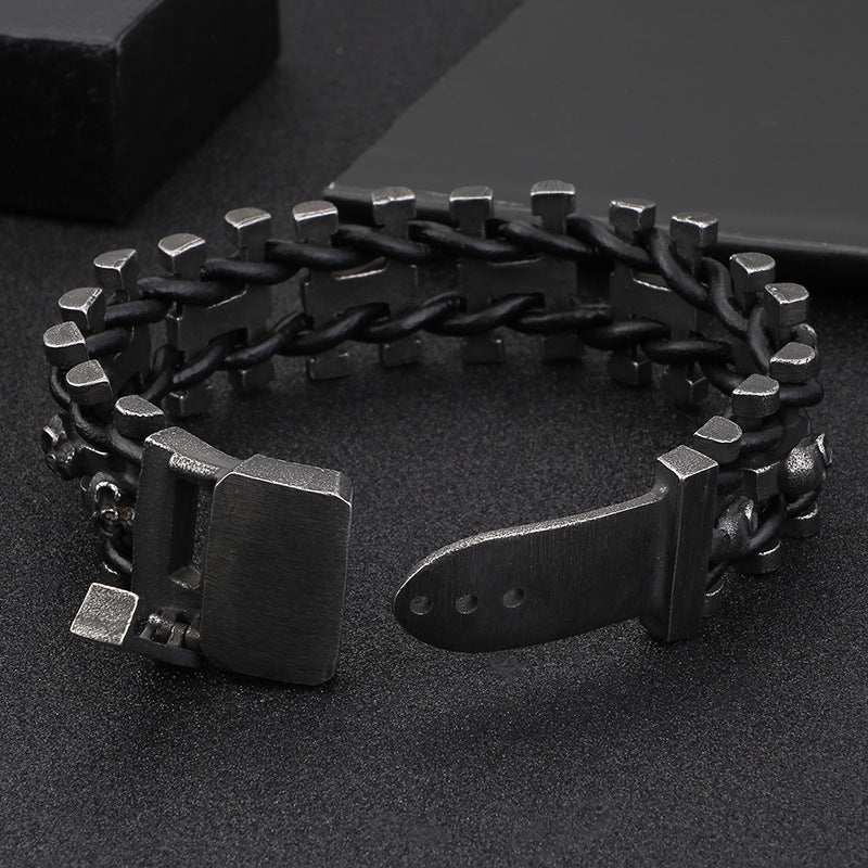 Titanium Steel Skull Braided Double-Layer Bracelet (Dark Punk Style)
