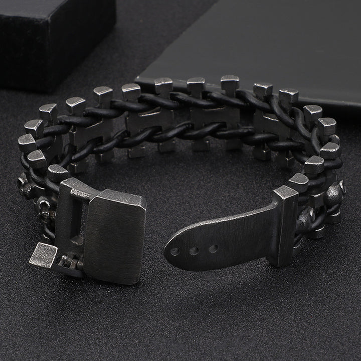 Titanium Steel Skull Braided Double-Layer Bracelet (Dark Punk Style)