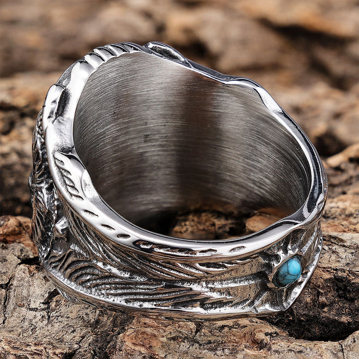 Titanium Steel Turquoise Eagle Carved Ring (Western Retro Style)