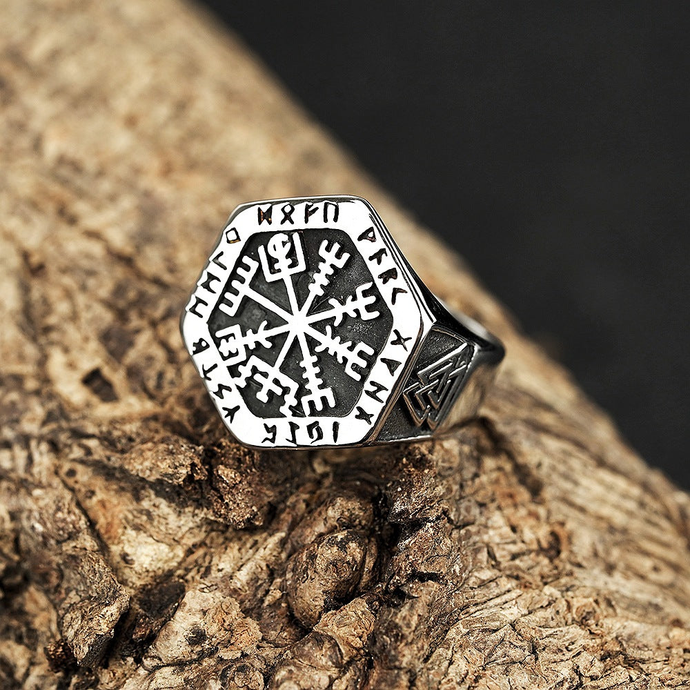 Titanium Steel Norse Rune Compass Ring (Viking Mythology Retro Style)