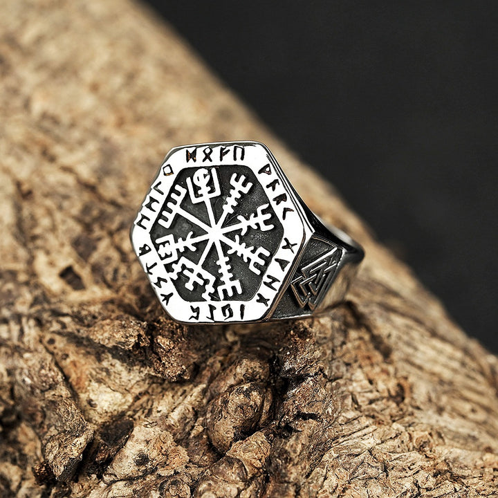 Titanium Steel Norse Rune Compass Ring (Viking Mythology Retro Style)