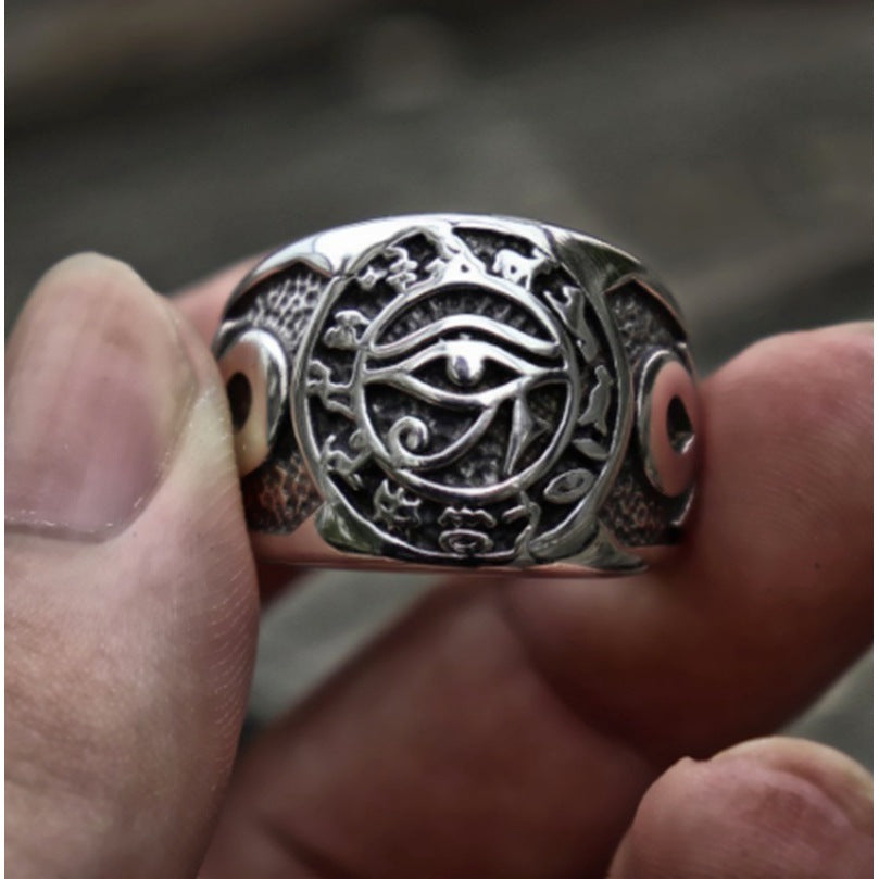 Titanium Steel Eye of Horus Occult Symbol Ring (Dark Mystical Style)
