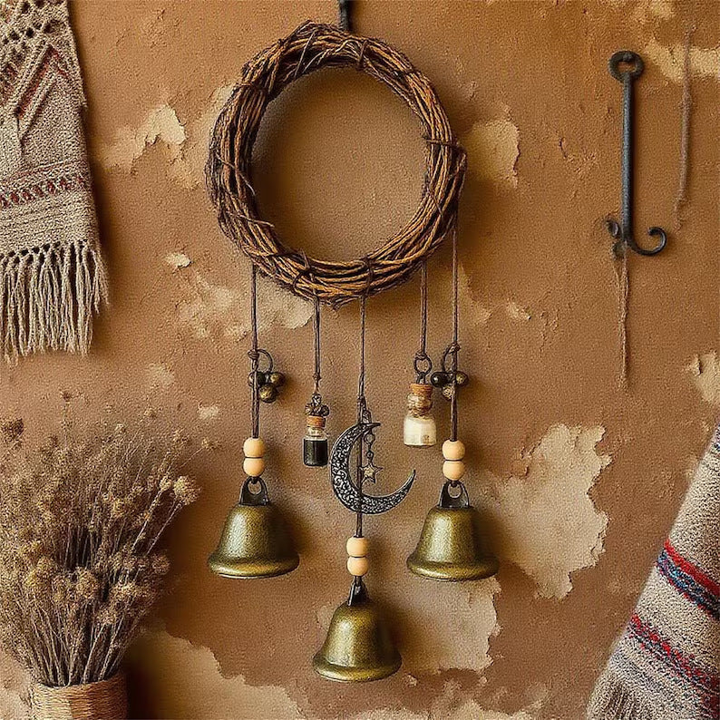Woven Rattan Moon-Star Retro Wind Chime (Bohemian Ethnic Style)