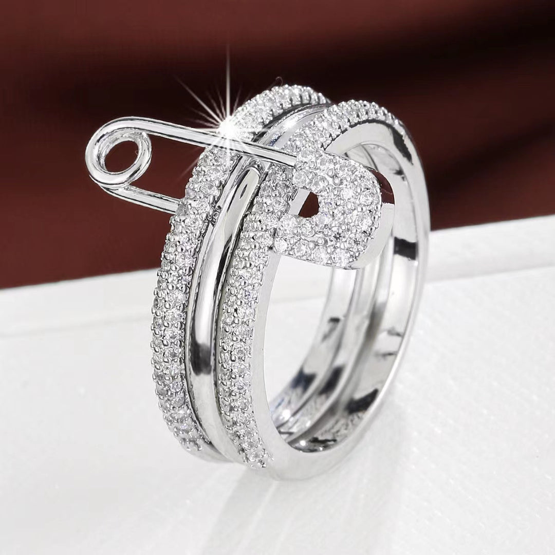 Full-Diamond Safety Pin Triple-Layer Stacking Ring (Edgy Light Luxury Style Series)