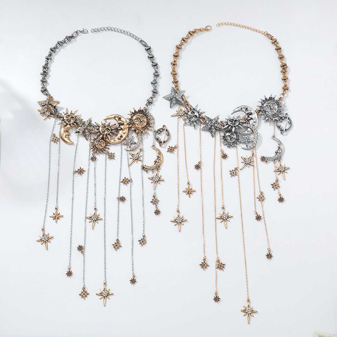Sun-Moon-Star Gold-Silver Color-Block Tassel Necklace (Cosmic Romantic Style Series)
