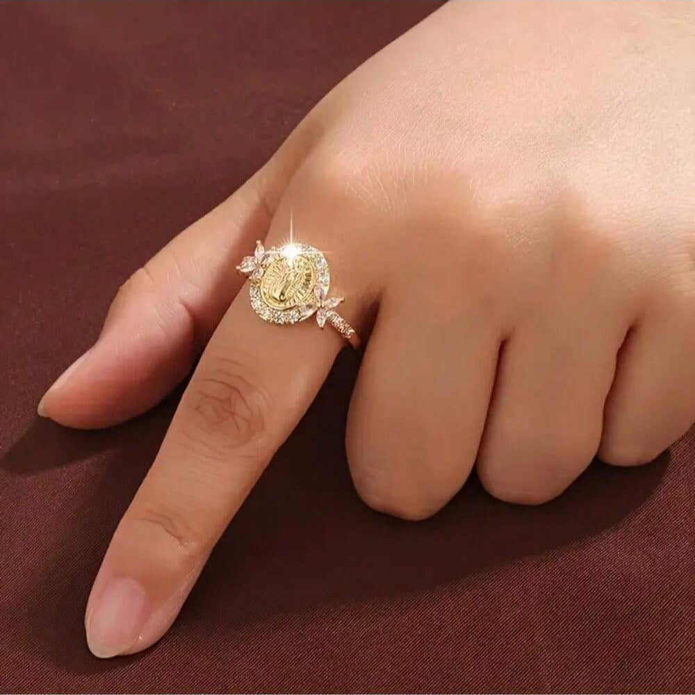 Guadalupe Virgin Relief Full-Diamond Gold-Plated Ring (Religious Light Luxury Style Series)