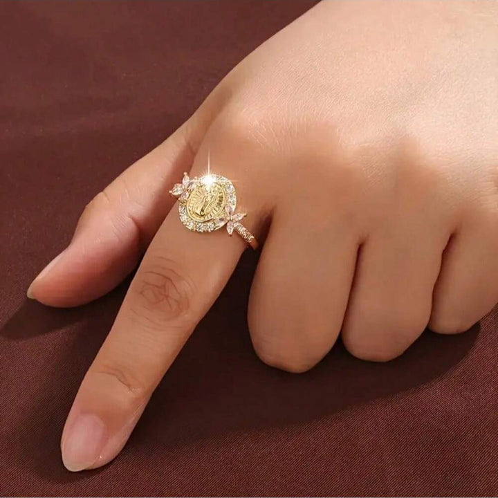 Guadalupe Virgin Relief Full-Diamond Gold-Plated Ring (Religious Light Luxury Style Series)
